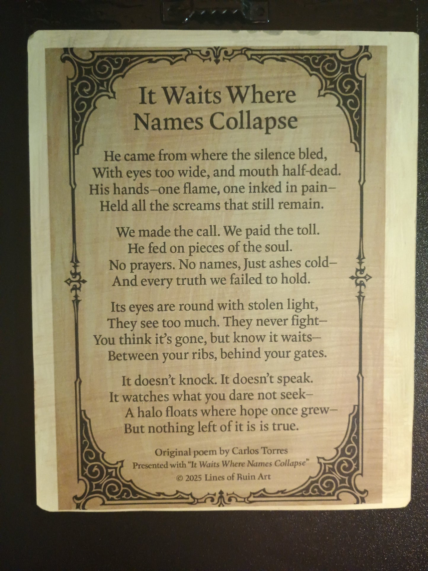 "It Waits Where Names Collapse" Custom Wooden Art & Poetry Plaque